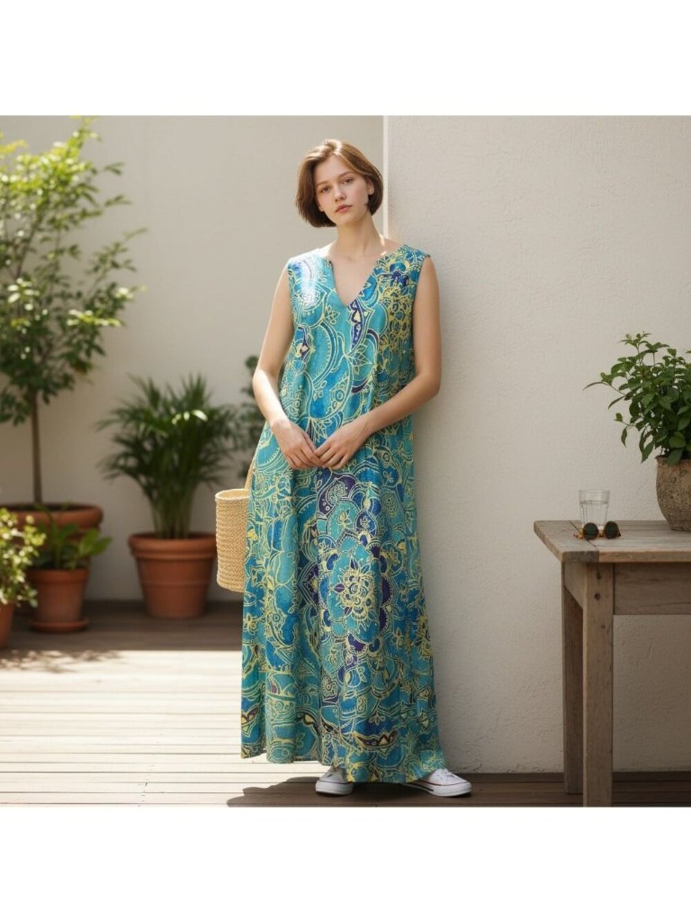 Vintage Womens 3XL Maxi Dress Sleeveless Vibrant Green Blue Yellow Floral Shift